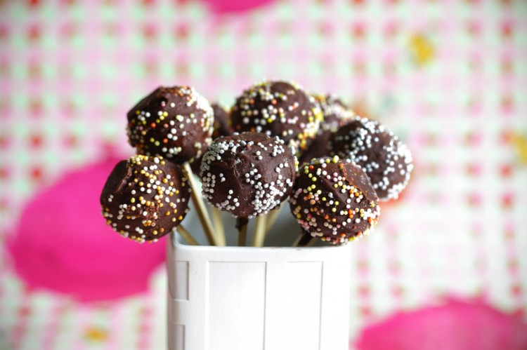 chocolate cake pops with colorful sprinkles